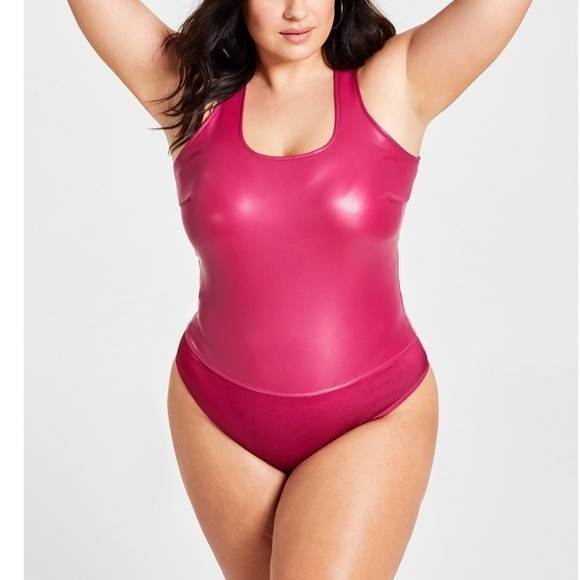 Nina Parker Plus Size Pleather Tank Scoop-Neck Bodysuit - Picture 1 of 9